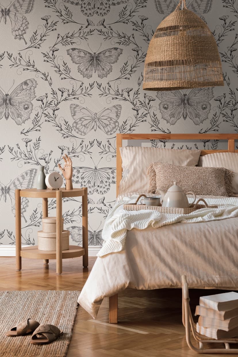 Fjärilstapet grå beige - non-woven Fototapet insekter Livingwalls - matt och slät