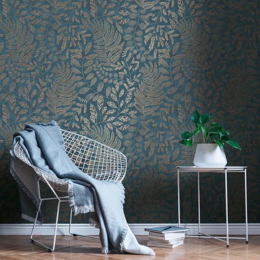 Petrol blommig non-woven tapet blå palmblad mönster tapet kök