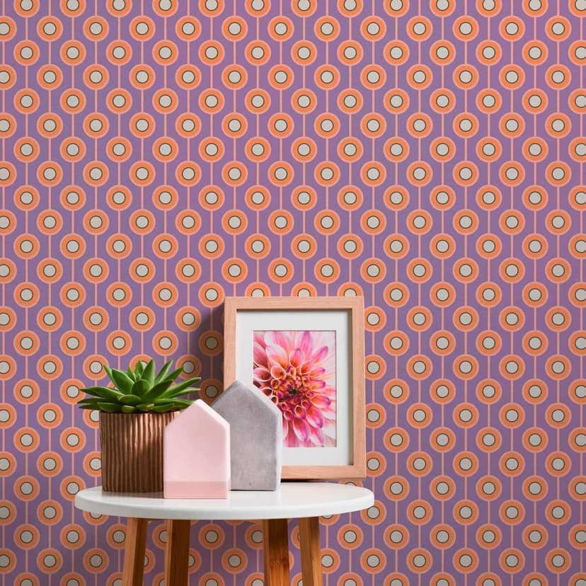 Retro look tapet lila orange - prickig non-woven tapet med grafiskt prov - texturerad tapet med skal och stick