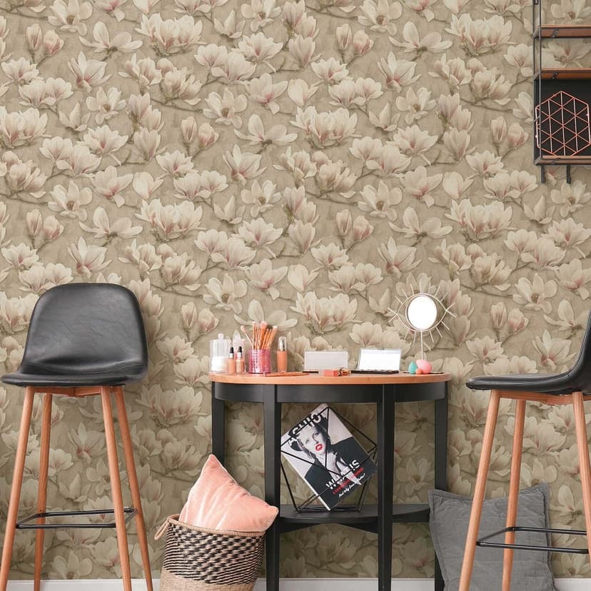 Magnolia tapet beige rosa - blommönster tapet med blommor - Icke-vävd tapet