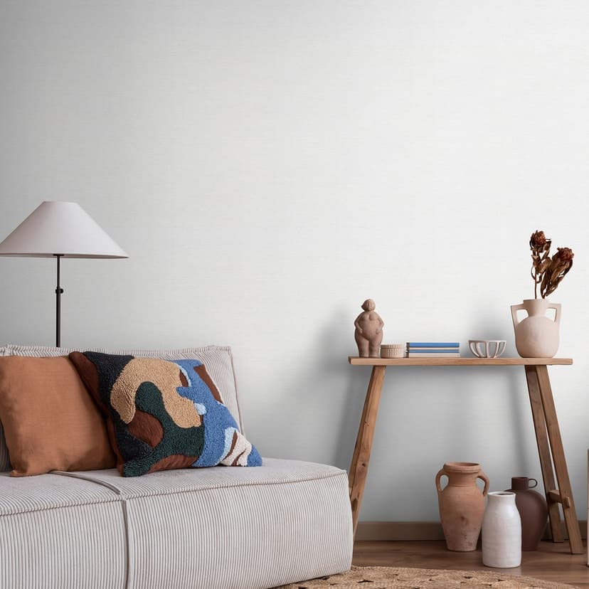 Icke-vävd tapet vit med fin linnestruktur, subtilt modern och tidlöst elegant