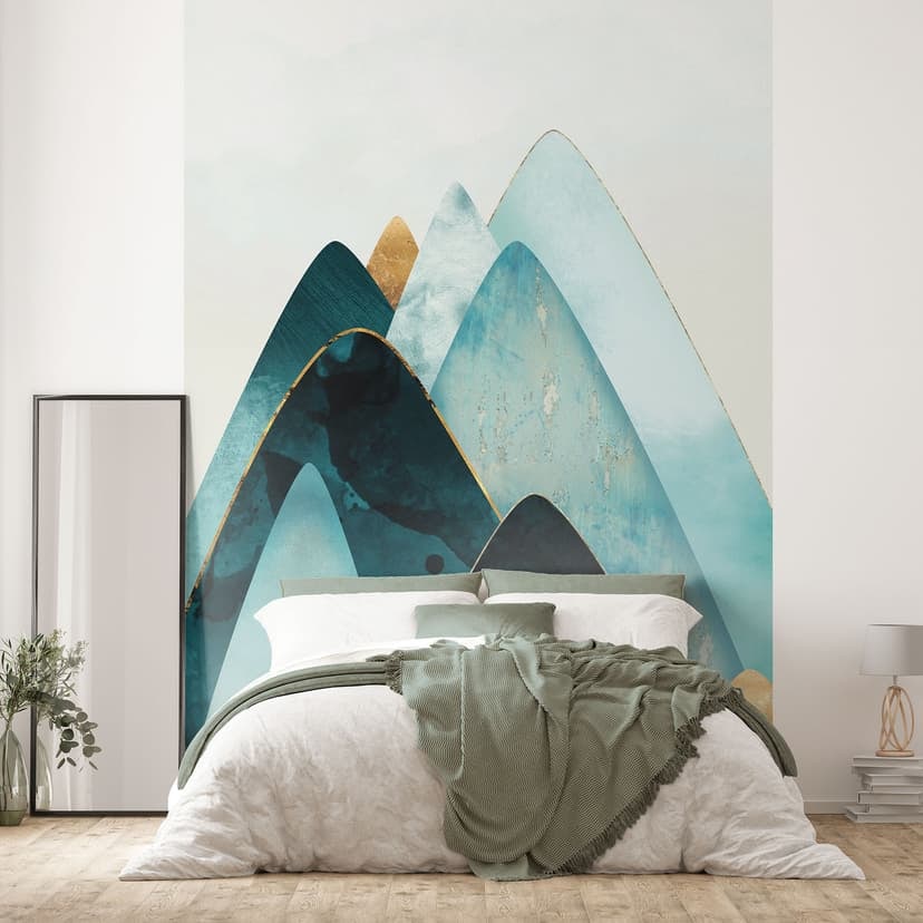 Fototapet med abstrakta berg i guld och blått - SpaceFrog Designs
