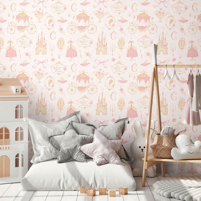 Prinsessbakgrund rosa beige - barnbakgrund med slott & vagn