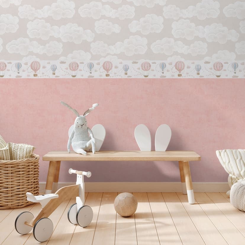 Luftballongbård Rosa Blå Beige - Barnrumsbård med vimplar