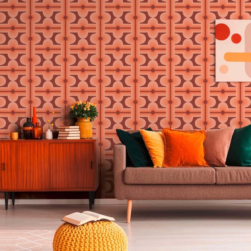 Vintage non-woven tapet röd orange - retro mönster tapet grafisk - grafisk tapet