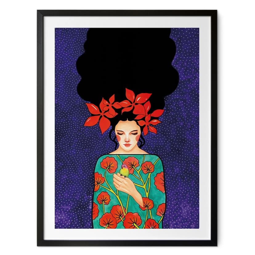 Poster Porträtt - Kvinna med röd blomkrona och fågel - Hülya