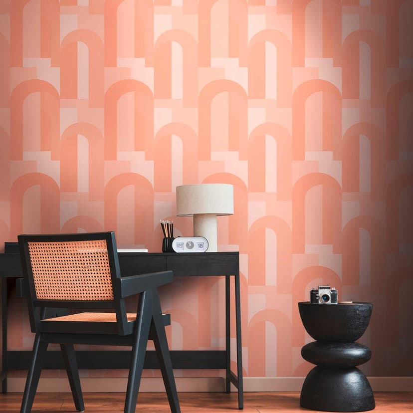 Grafisk tapet i art deco-stil orange beige - non-woven tapet med prov