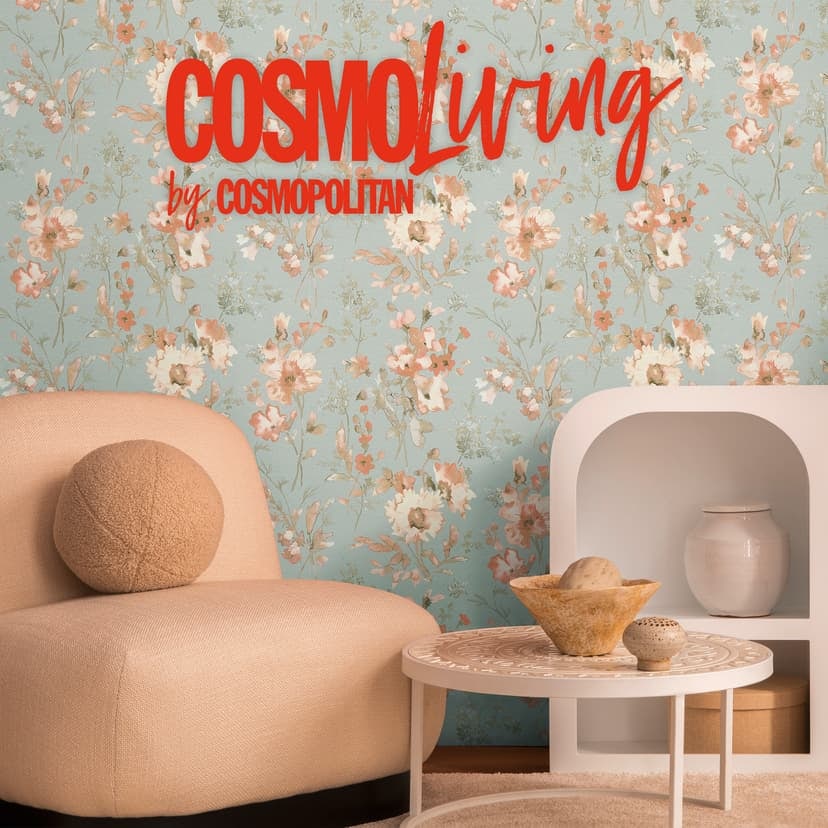 COSMOPOLITAN Vintage tapet akvarell blommor aprikosblå - Icke-vävd tapet pastell