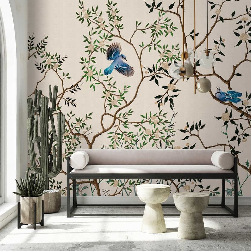 Asiatiska fåglar på grenar tapet - beige non-woven tapet med naturmotiv