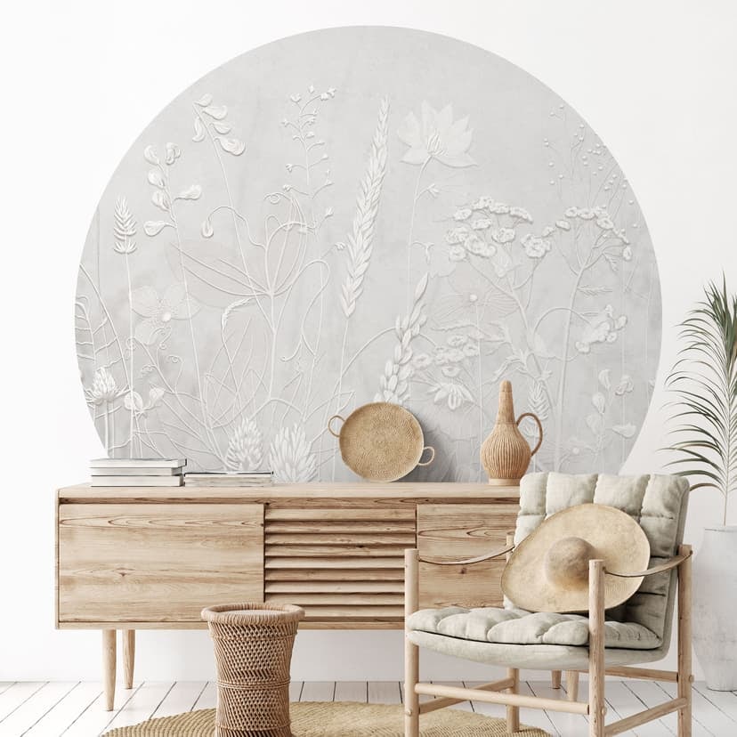 Fototapet med blomsterrelief - Växter i vitt i modern design - Ms Tiff - Rund - Självhäftande/icke-vävd