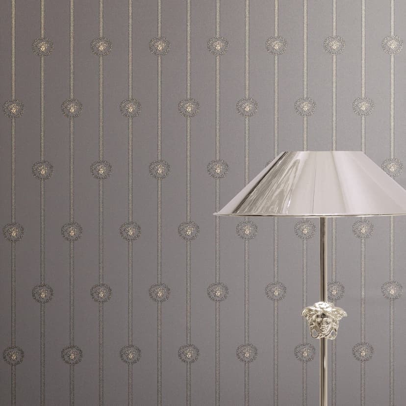 Versace Icke-vävd tapet I Love Baroque ränder Medusa Taupe Silver lyxig