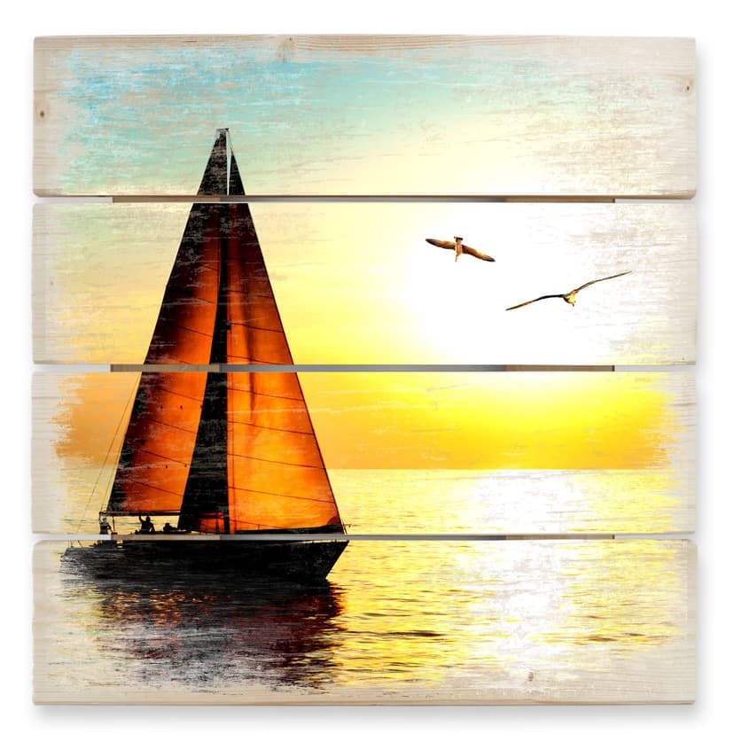 Trätavla segelbåt i solnedgången - 40x41,5 cm