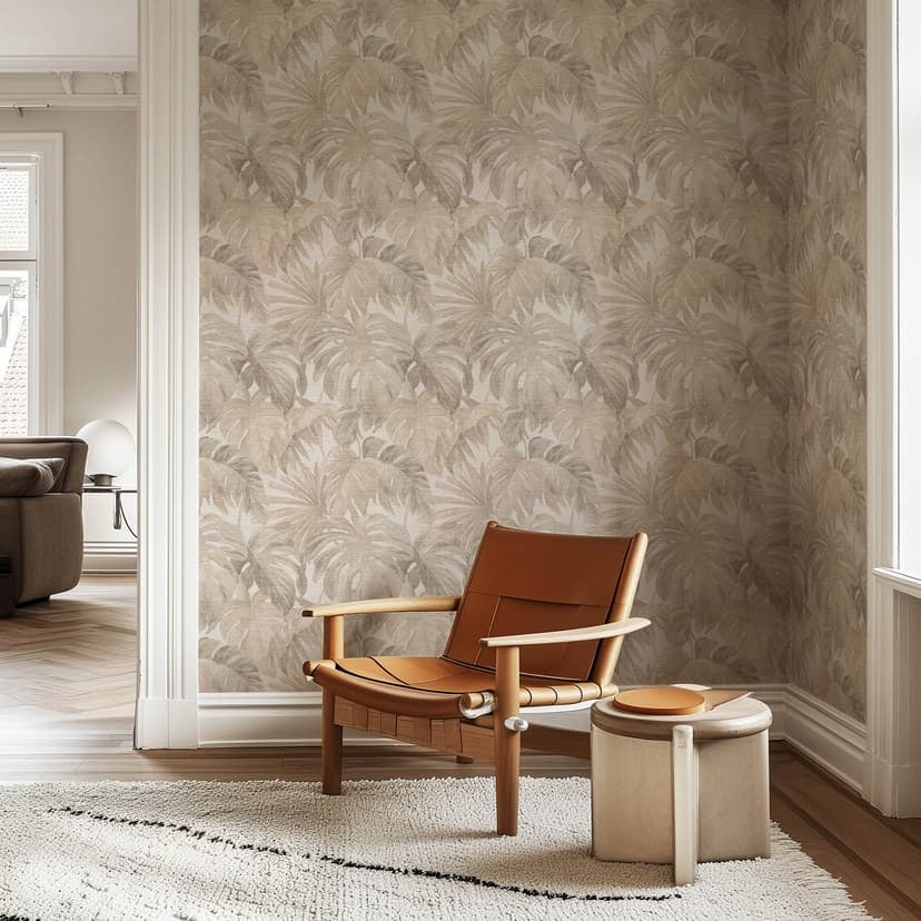 Icke-vävd tapet blad beige greige subtil botanisk modern för eleganta vardagsrum