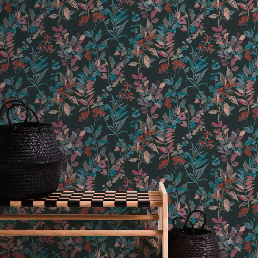 Blommig tapet med blommor svart färgglad - non-woven tapet blommig i akvarellstil