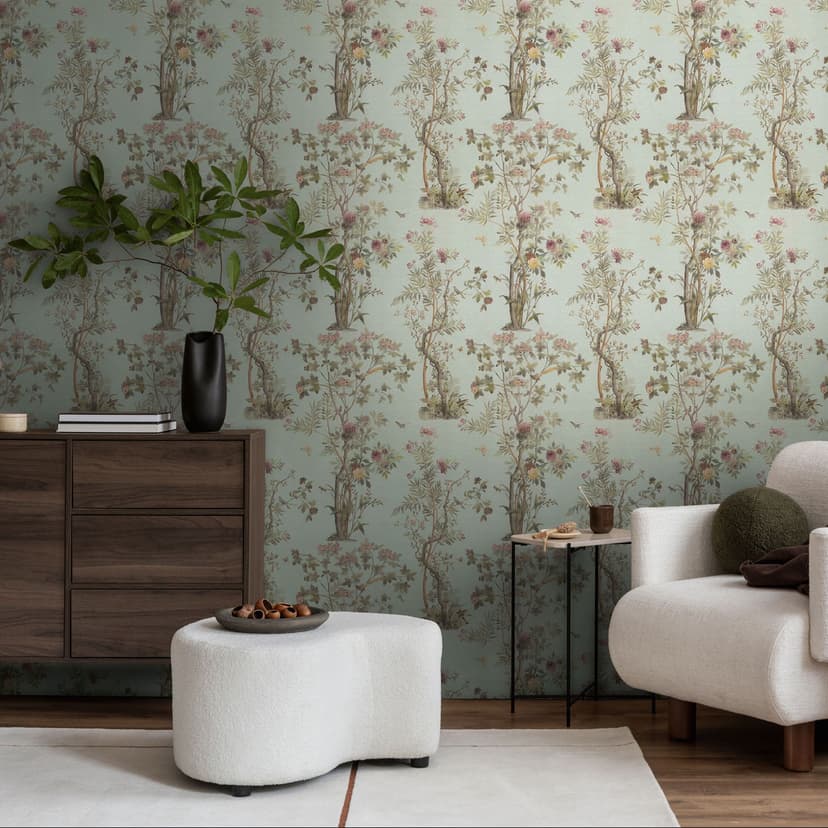 Tapet med blommigt mönster med fjärilar mintgrön rosa - Icke-vävd tapet naturmotiv