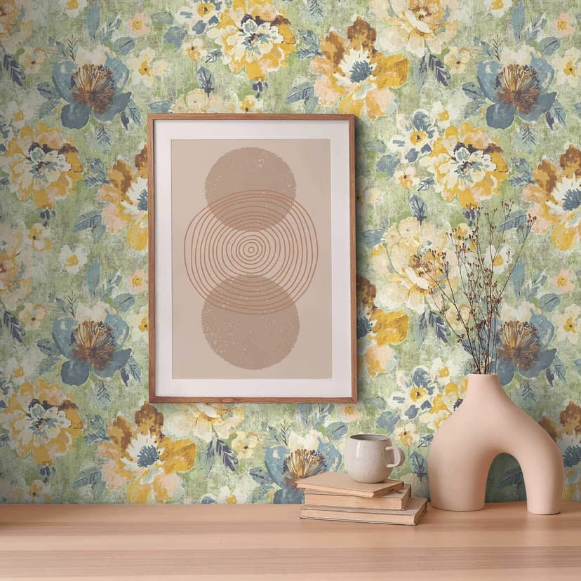 Vintage grön gul blommig tapet - blommig retro tapet pastell - non-woven tapet