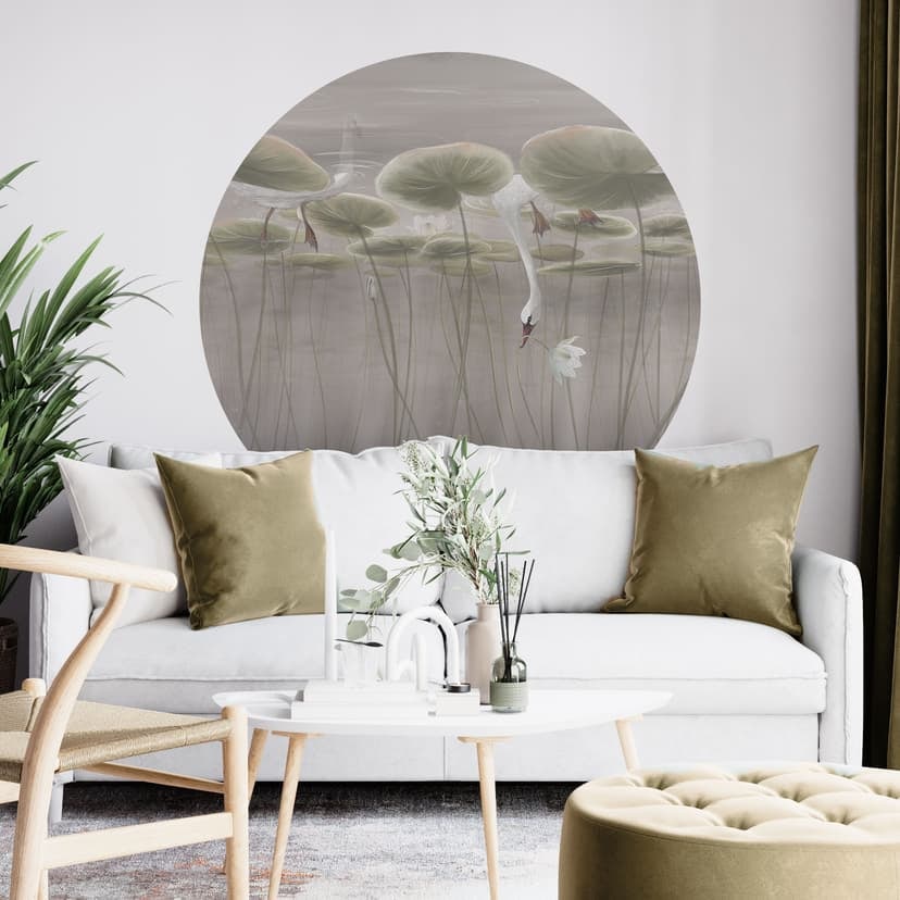 Wallsticker lotusblommor med svan i vatten i grått - Ms Tiff - Rund