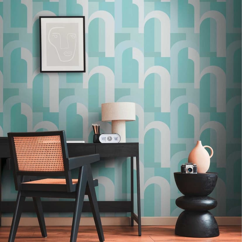 Grafisk tapet i art deco-stil turkosvit - non-woven tapet med prov
