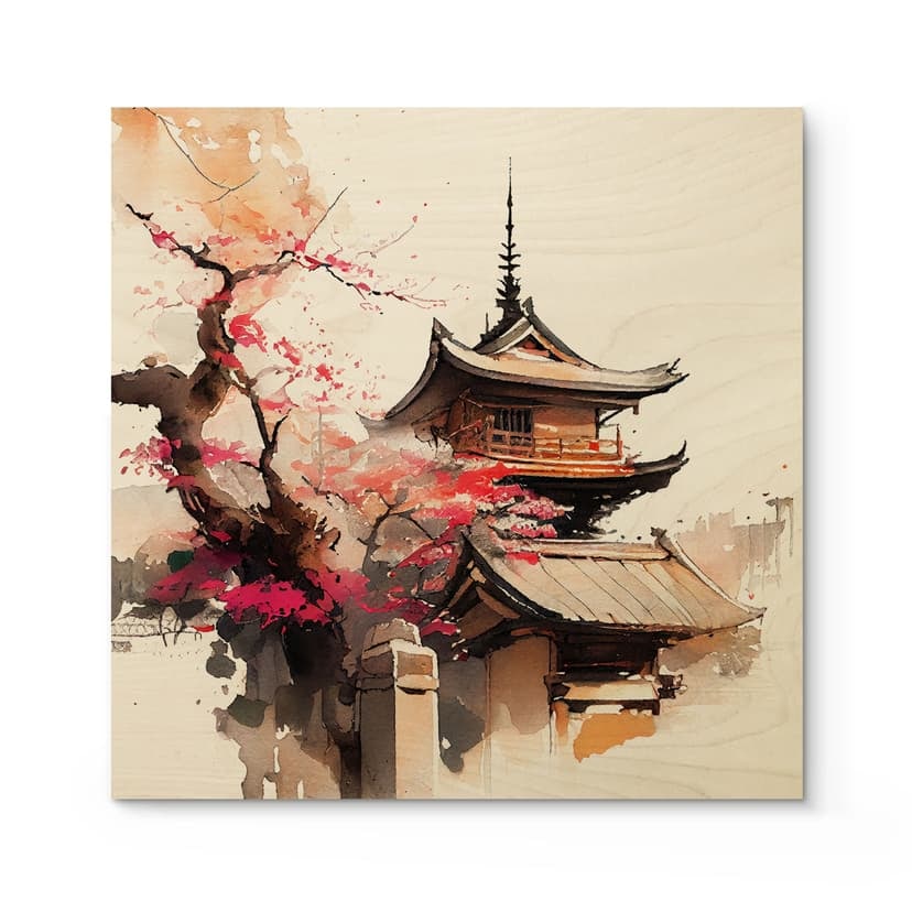Träposter Japansk pagod med körsbärsblommor - Jaszke - Fyrkant
