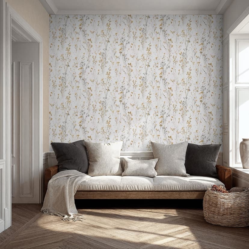 Icke-vävd tapet med skira ängsblommor i gult och vitt som blommig naturtapet