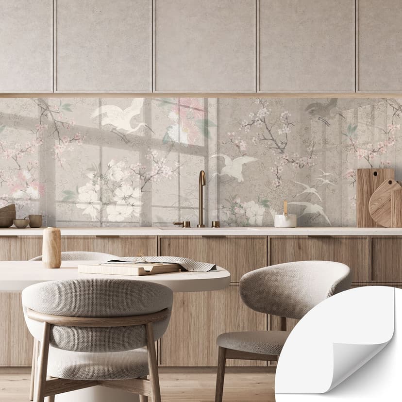 Självhäftande Stänkpanel Kranar i körsbärsblommans frenesi Beige - Bloomery Decor