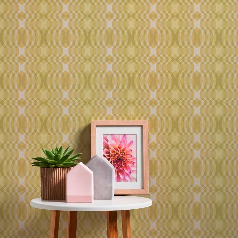 Geometrisk non-woven tapet grön kräm - grafisk tapet i retrostil - tapet med vintagemönster