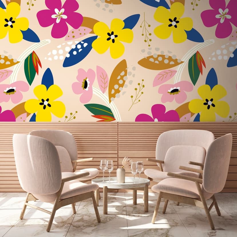 Färgglad beige blommig tapet - non-woven Fototapet Floral Livingwalls - matt och slät