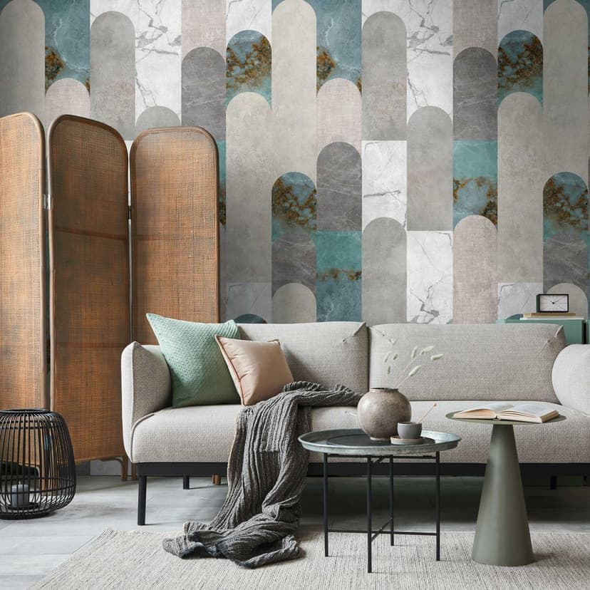 Geometrisk tapet i marmorutseende blågrå - non-woven tapet modern - art deco tapet