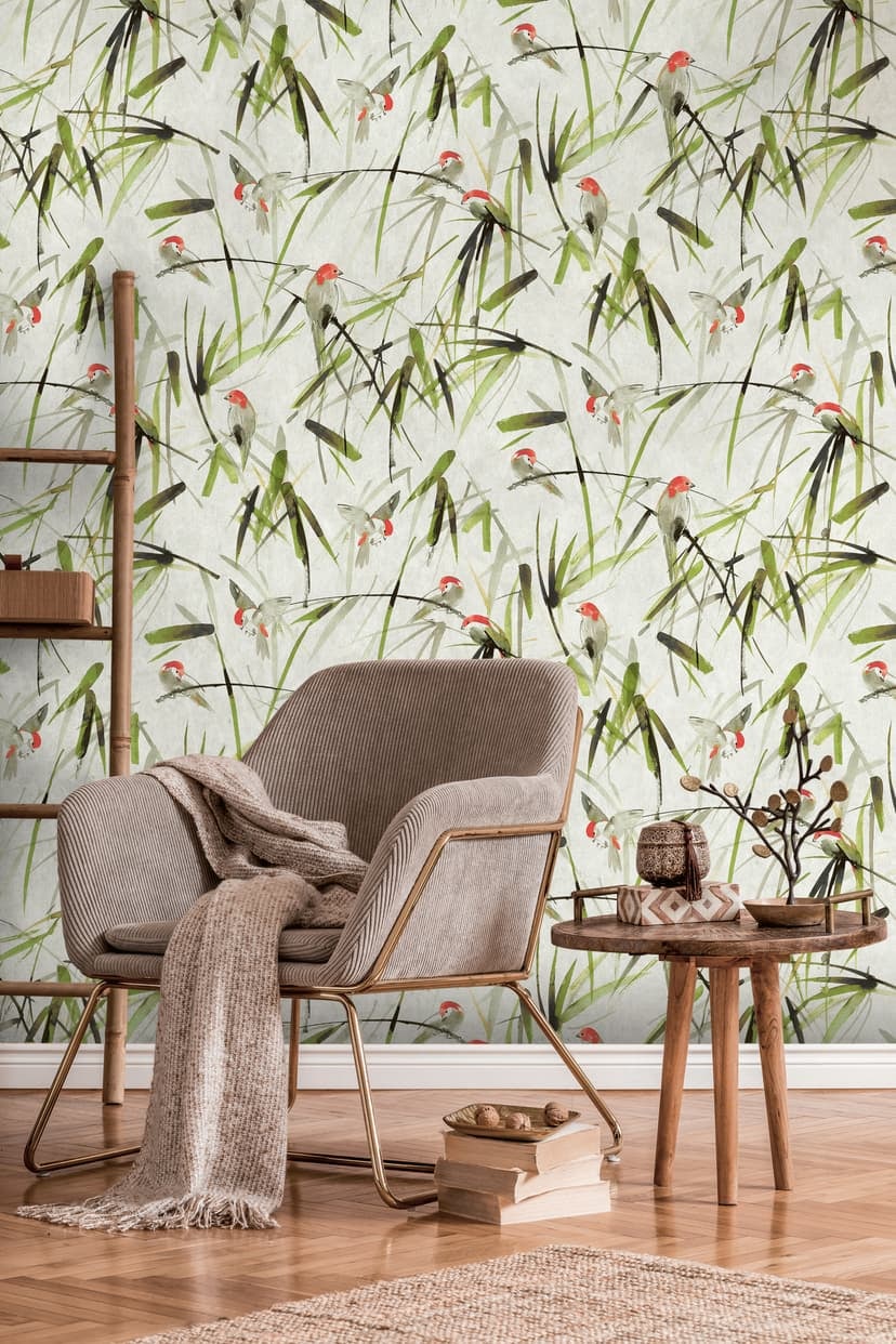 Fototapet Vögl beige grön - non-woven tapet djur Livingwalls - matt och slät