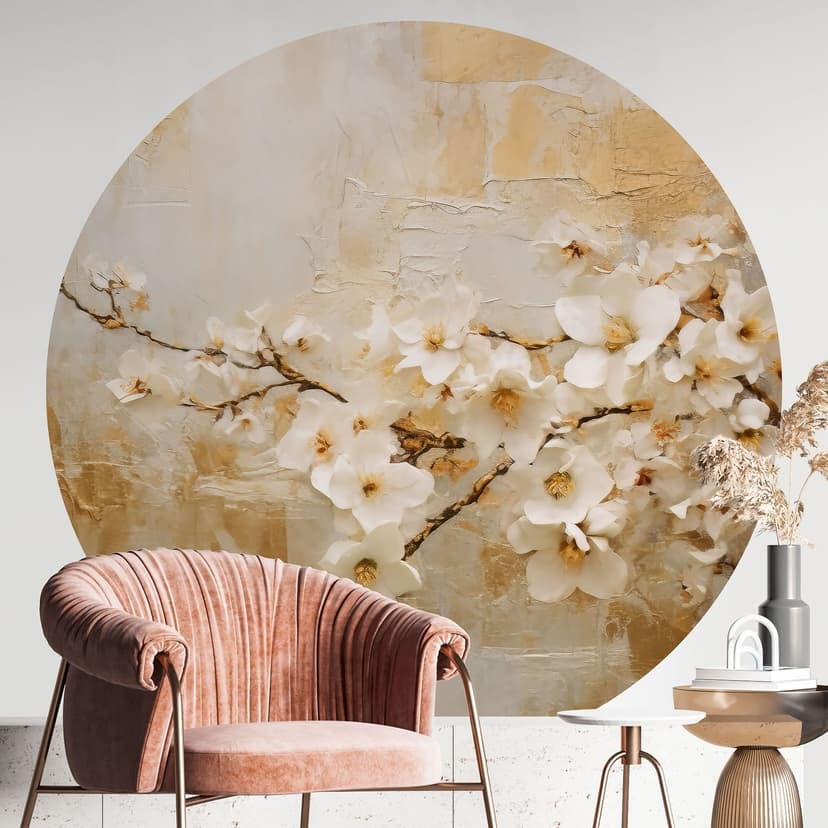 Fototapet med blommig gren på vintage guld - Paksoylu - Rund - non-woven tapet/självhäftande non-wov