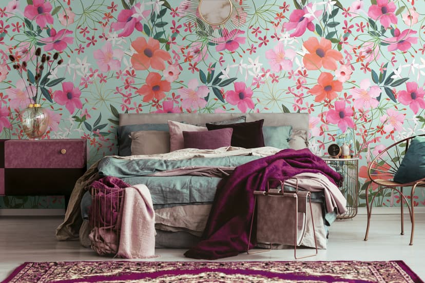 Blommig färgglad turkos - Fototapet i non-woven blommor växter Livingwalls - matt och slät