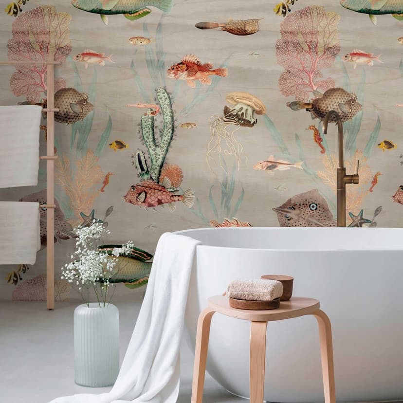 Undervattenstapet vintage färgglad - non-woven tapet med fisk för vardagsrum och badrum