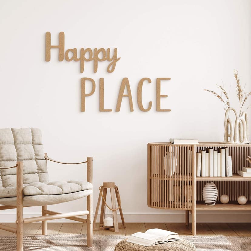 3D dekorativa bokstäver Happy Place - MDF natur