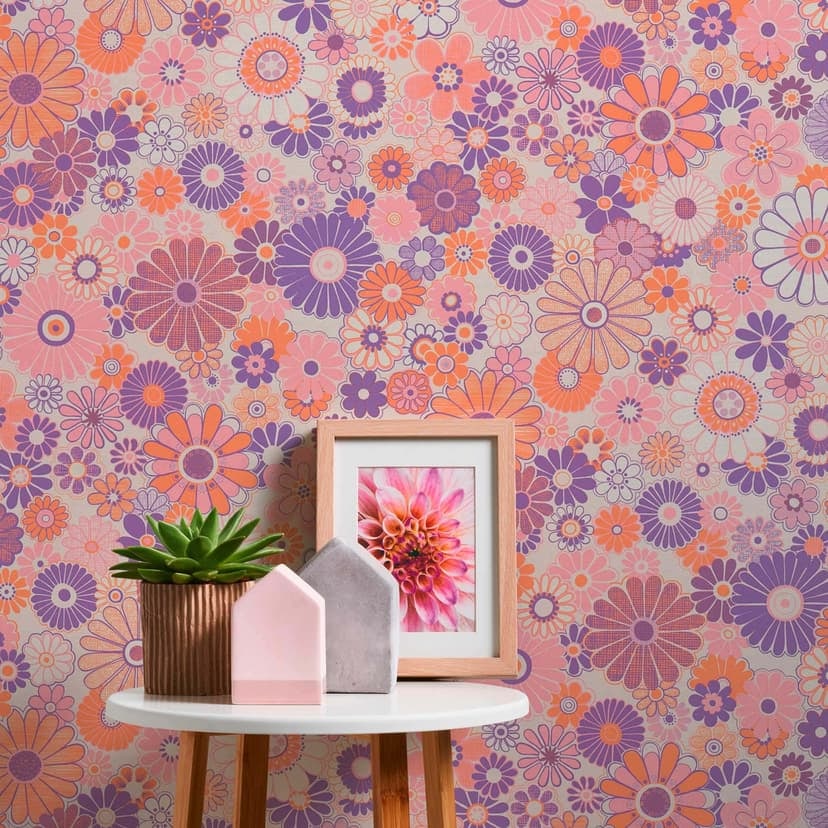 Blommig tapet lila orange - blommig tapet i retrostil - vintage non-woven tapet