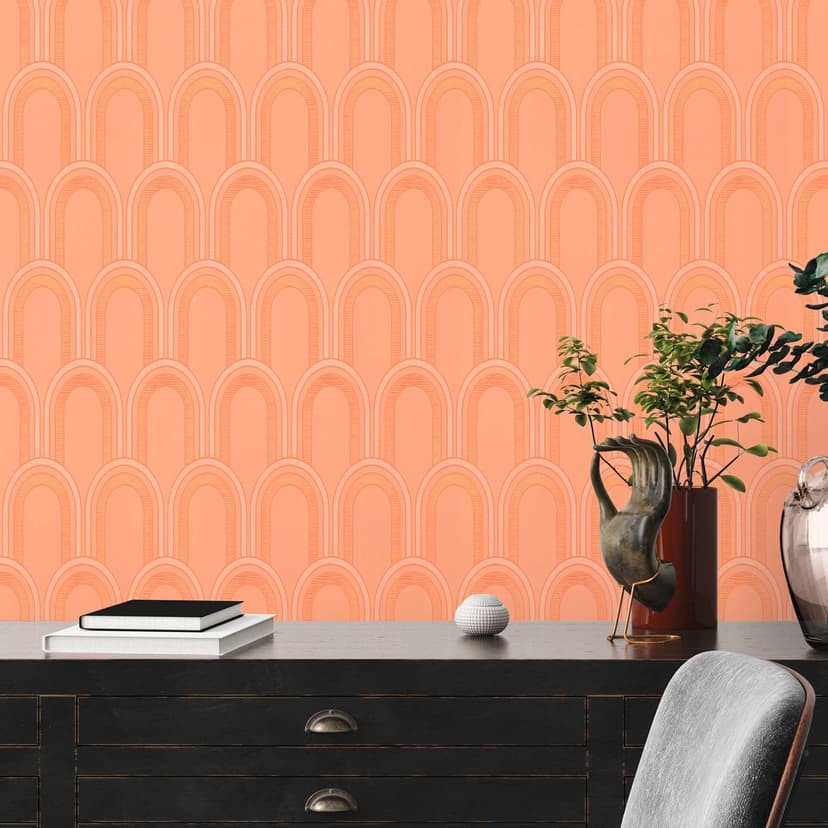 Mönster tapet med bågar art deco stil orange vit - grafisk tapet retro look