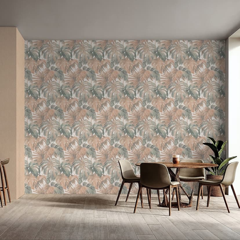Non-woven tapet blad i beige blå greige tropisk modern med monstera look