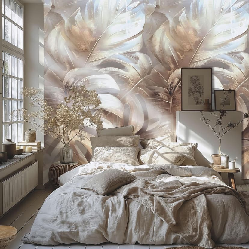 Fototapet Monstera Leaves Beige Gold - Tropisk design glansig - utdragbar