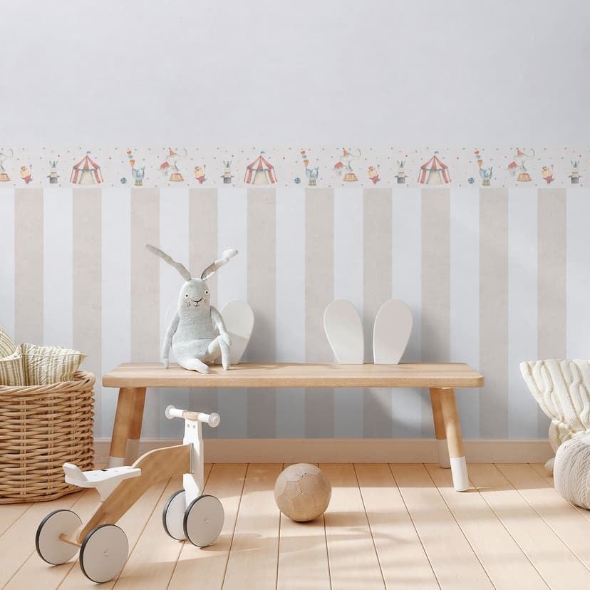 Cirkusbård ljus beige färgglad - väggbård med cirkusdjur & tält