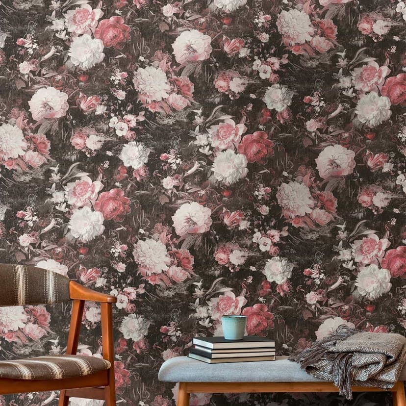 Blommig tapet svart röd mörk vintage tapet blommor non-woven tapet blommig