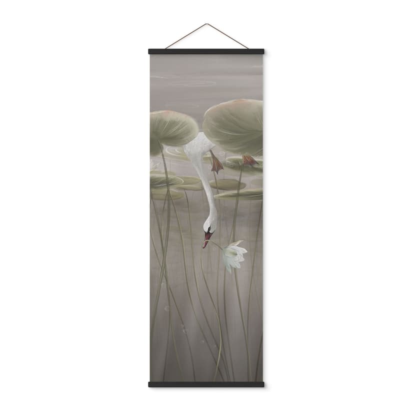 Textil poster lotusblommor med svan i vatten i grått - Ms Tiff - Panorama