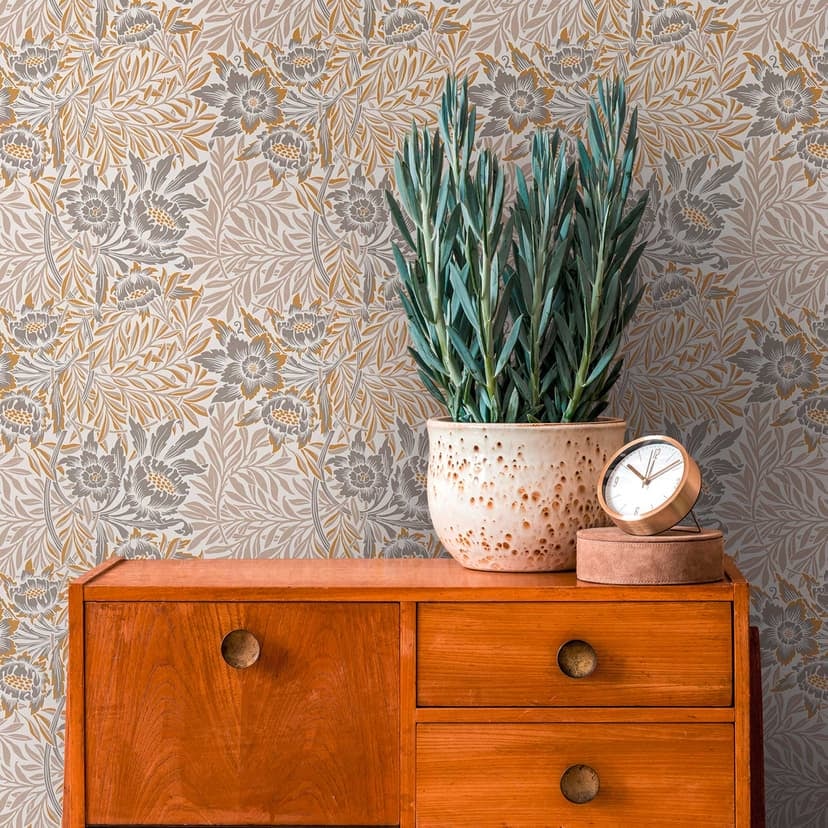 Non-woven blommig tapet med blommigt prov beige guld - tapet med gräs