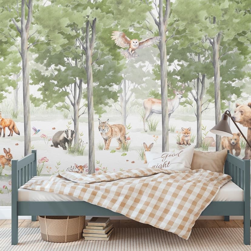 Fototapet skogsdjur i skogen grön vit 3,75 x 2,50 m - non-woven tapet för barn