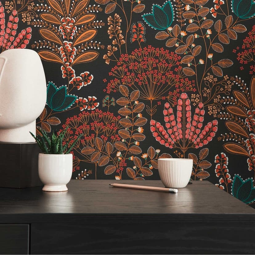 Non-woven tapet med blad i retrolook svart och färgglatt - blommig tapet blommor