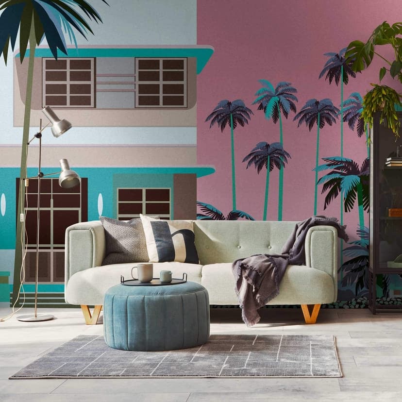 Miami retro färgglada - Fototapet med palmer och hus för vardagsrum och kontor