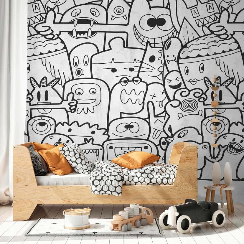 Fototapet med roliga karaktärer svartvitt - non-woven tapet tecknad design - tapet