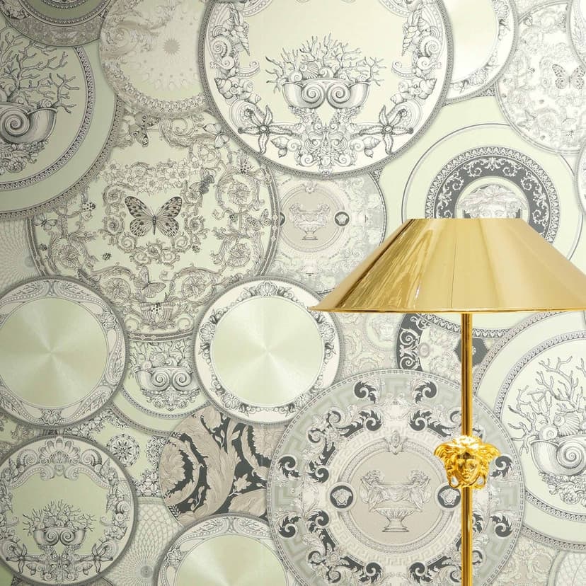 Versace Icke-vävd tapet Art De La Table Circles Meander Medusa Green Grey Metallic