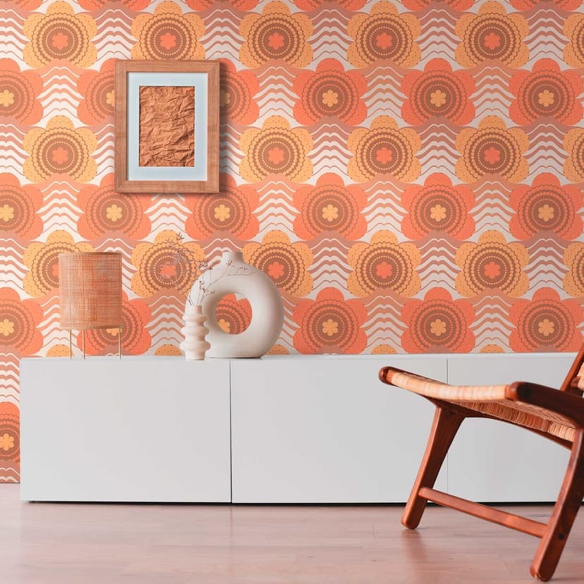 Non-woven tapet med blommor brun orange - blommig retro tapet - vintage tapet