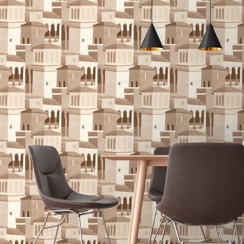 Icke-vävd tapet med arkitektoniskt motiv i beige och bruna toner