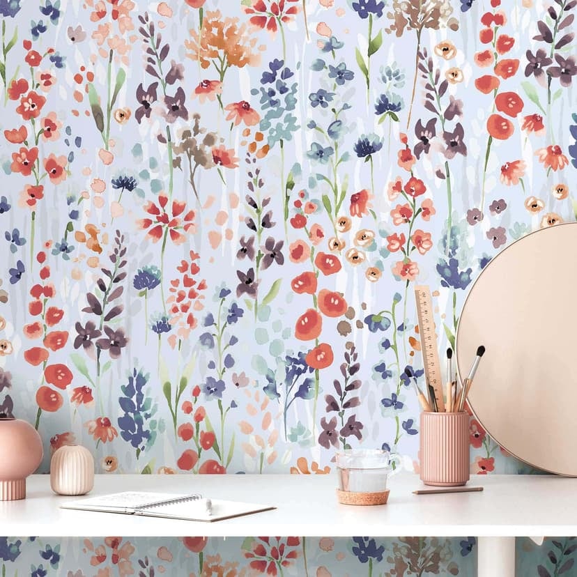 Blommig tapet akvarell blå orange - tapet med blommönster - non-woven tapet