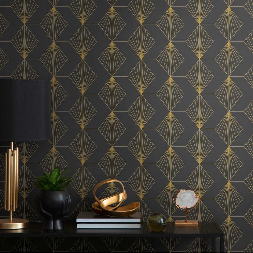 Geometrisk Art Deco tapet svart guld - modern mönster tapet - Icke-vävd tapet